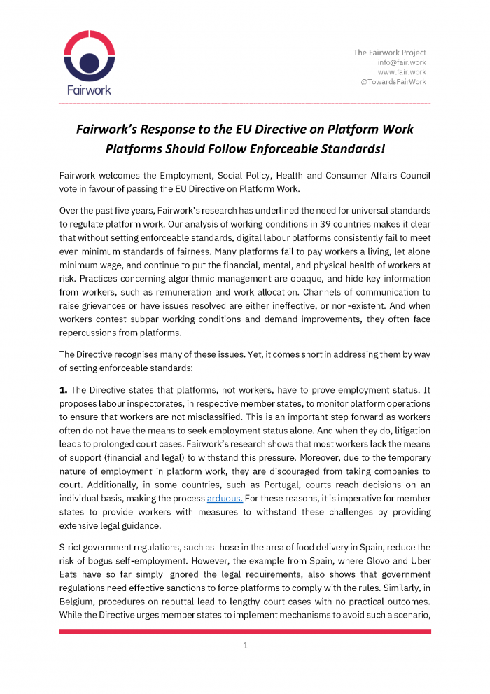 Fairwork’s Response to the EU Directive on Platform Work: Platforms Should Follow Enforceable Standards!